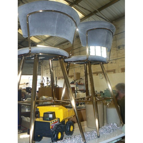 224 - PAIR OF GREY VELVET BAR STOOLS, WITH BRASS LEGS & FRAME. DUNELM.