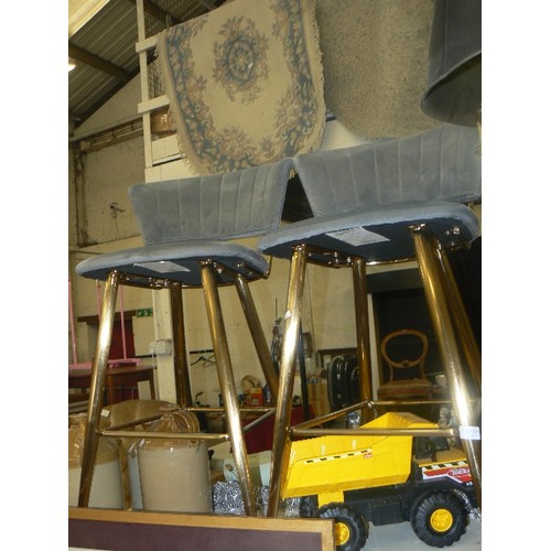 224 - PAIR OF GREY VELVET BAR STOOLS, WITH BRASS LEGS & FRAME. DUNELM.