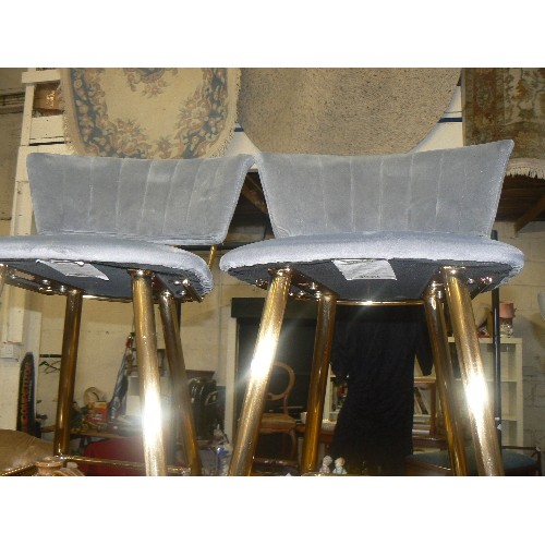 224 - PAIR OF GREY VELVET BAR STOOLS, WITH BRASS LEGS & FRAME. DUNELM.