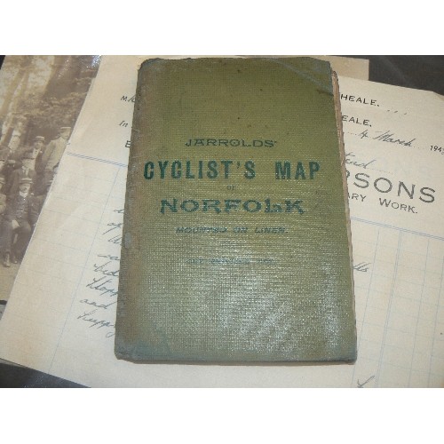 137 - SMALL MIXED EPHEMARA LOT. INCLUDING A FOLD-OUT CYCLISTS MAP OF NORFOLK MOUNTED ON LINEN, A STAMPED 1... 