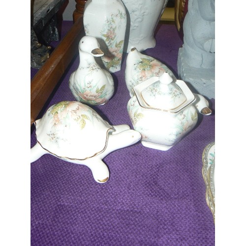 180 - COLLECTION OF MIXED VINTAGE CHINA. INCLUDES A PRETTY DRESSING TABLE SET, LARGE VASES, PAIR OF ELEPHA... 