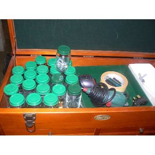 200 - LARGE CLARKE TOOL/HOBBY CHEST WITH CONTENTS. WOODEN CHEST WITH MULTIPLE DRAWERS