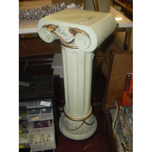 204 - GREEK STYLE COLUMN/PLANT STAND, IN PALE DUCK-EGG GREEN WITH GOLD DETAILING.