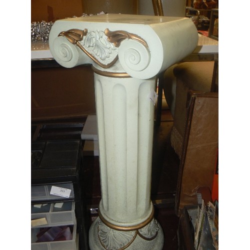 204 - GREEK STYLE COLUMN/PLANT STAND, IN PALE DUCK-EGG GREEN WITH GOLD DETAILING.