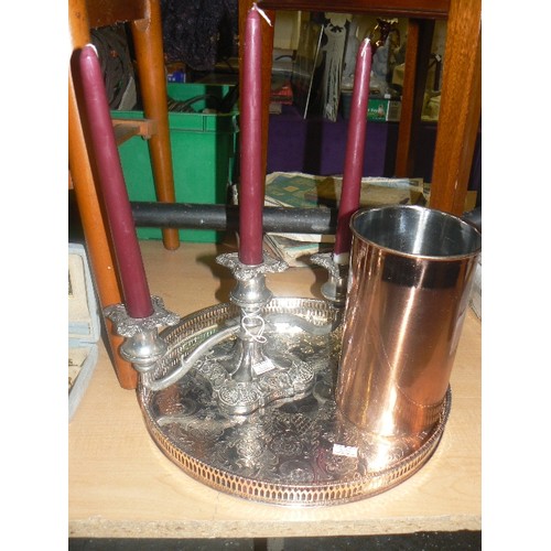 198 - SILVER-PLATED DRINKS TRAY, CANDELABRA AND A COPPER COLOURED WINE COOLER.