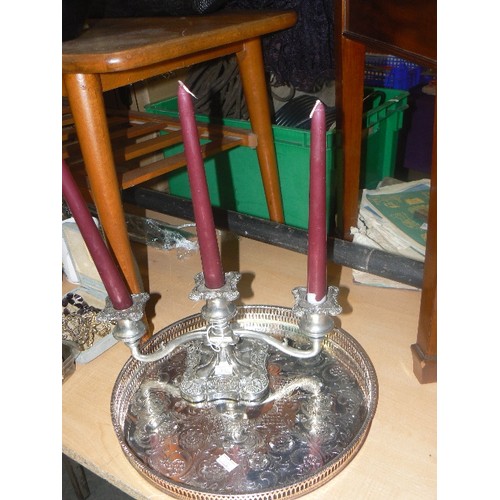 198 - SILVER-PLATED DRINKS TRAY, CANDELABRA AND A COPPER COLOURED WINE COOLER.