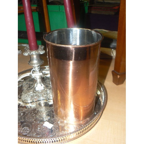 198 - SILVER-PLATED DRINKS TRAY, CANDELABRA AND A COPPER COLOURED WINE COOLER.