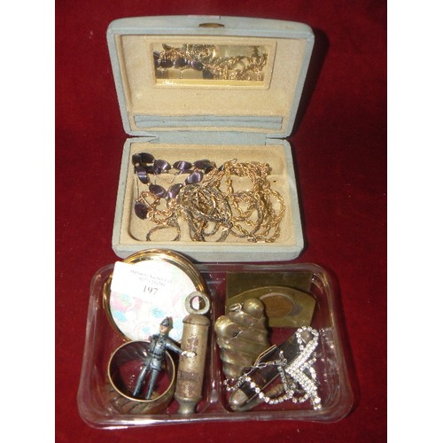 197 - JEWELLERY AND TRINKETS CONTAINED IN JEWELLERY BOX AND TUB. INCLUDES A LED POLICEMAN WITH 1 ARM, COMP... 