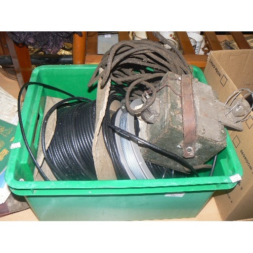 184 - REEL OF CABLE, REEL OF SOLDERING WIRE? & A VINTAGE MILITARIA TESTING BOX.