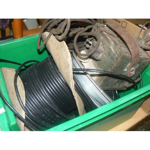 184 - REEL OF CABLE, REEL OF SOLDERING WIRE? & A VINTAGE MILITARIA TESTING BOX.