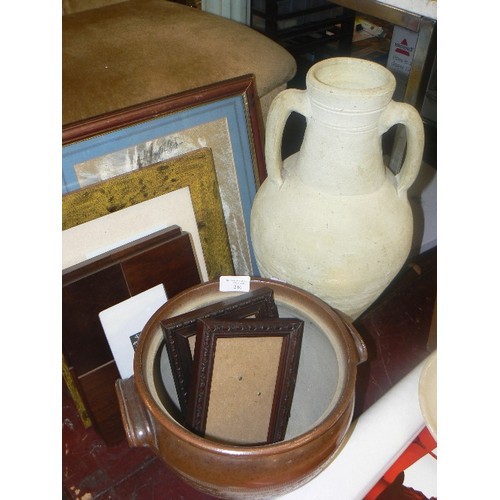 210 - STONEWARE WATER CARRIER, 2 HANDLED CROCK, ALABASTER CAKE PEDESTAL. ALSO A COLLECTION OF PHOTOGRAPH/P... 