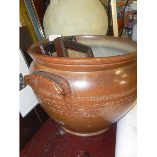 210 - STONEWARE WATER CARRIER, 2 HANDLED CROCK, ALABASTER CAKE PEDESTAL. ALSO A COLLECTION OF PHOTOGRAPH/P... 