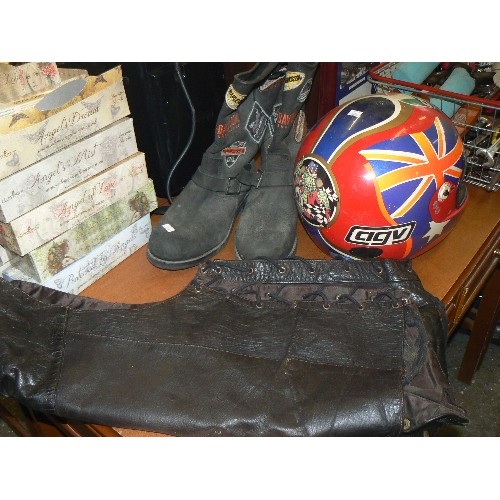 225 - HARLEY DAVIDSON BIKER BOOTS. UK 10. LEATHER JTS WAISTCOAT WITH LACE-UP SIDES XXL, AND AN AGV HELMET ... 