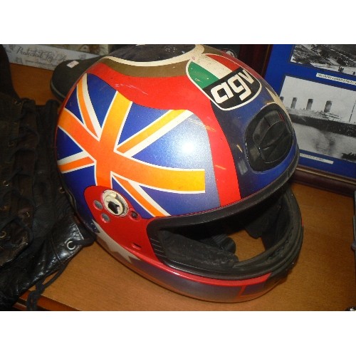 225 - HARLEY DAVIDSON BIKER BOOTS. UK 10. LEATHER JTS WAISTCOAT WITH LACE-UP SIDES XXL, AND AN AGV HELMET ... 