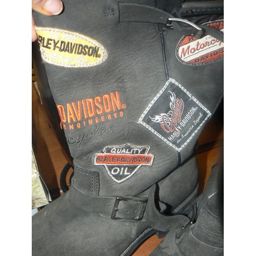 225 - HARLEY DAVIDSON BIKER BOOTS. UK 10. LEATHER JTS WAISTCOAT WITH LACE-UP SIDES XXL, AND AN AGV HELMET ... 