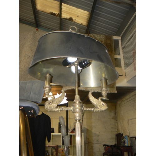 223 - UNUSUAL STANDARD LAMP. BRASS COLUMN BASE WITH ORNATE DOUBLE ARM SWAN DETAIL. BLACK OVAL RIGID SHADE ... 