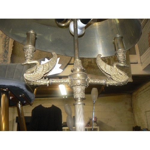 223 - UNUSUAL STANDARD LAMP. BRASS COLUMN BASE WITH ORNATE DOUBLE ARM SWAN DETAIL. BLACK OVAL RIGID SHADE ... 