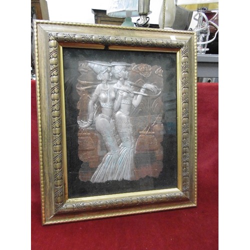 237 - UNUSUAL RAISED 'COPPER & SILVER' PICTURE OF 2 EGYPTIAN WOMEN. IN AN ORNATE BOX FRAME.