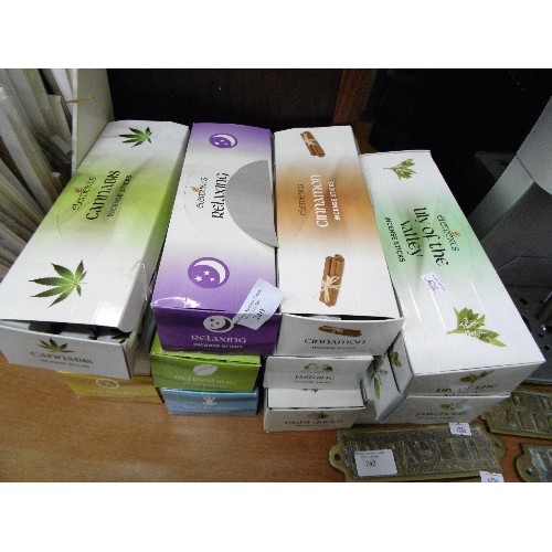 240 - 12 X BOXES OF INCENSE STICKS. INCLUDES AMBER, JASMINE, LILY OF THE VALLEY, SANDALWOOD ETC. MOST BOXE... 