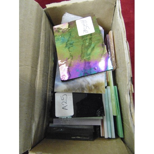 235 - 7 X BOXES OF SMALL HOBBYSHEET STAINED-GLASS SAMPLES. MIXED COLOURS. ALL LABELLED WITH COLOURS AND CO... 