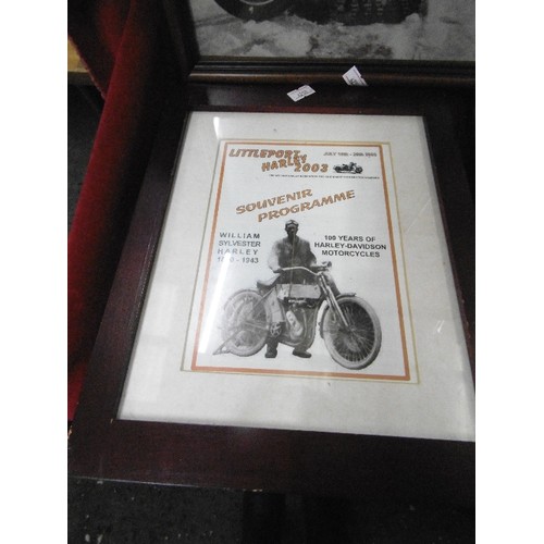 247 - FRAMED MOTORCYCLE PRINTS AND PHOTOGRAPHS. INC HARLEY DAVIDSON, BSA BANTAM, SOUVENIR PROGRAMME FROM L... 