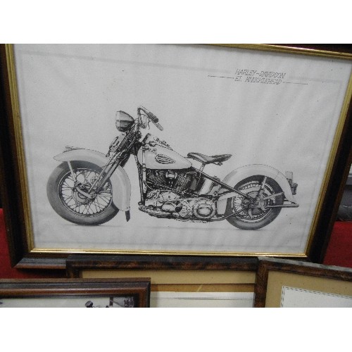 247 - FRAMED MOTORCYCLE PRINTS AND PHOTOGRAPHS. INC HARLEY DAVIDSON, BSA BANTAM, SOUVENIR PROGRAMME FROM L... 