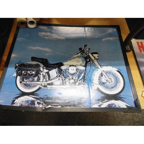 247 - FRAMED MOTORCYCLE PRINTS AND PHOTOGRAPHS. INC HARLEY DAVIDSON, BSA BANTAM, SOUVENIR PROGRAMME FROM L... 