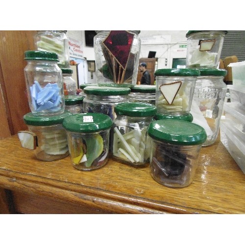 275 - STAINED GLASS HOBBY PIECES, CONTAINED IN JAM-JARS & PASTIC TUBS. SEPARATED INTO COLOURS, SOME WITH T... 