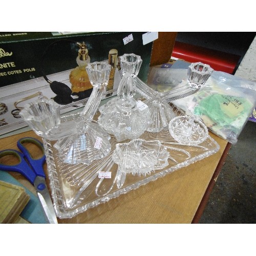 285 - VINTAGE GLASS DRESSING TABLE SET ON GLASS TRAY. COMPLETE WITH RINGTRAY, PAIR OF DOUBLE CANDLESTICKS,... 