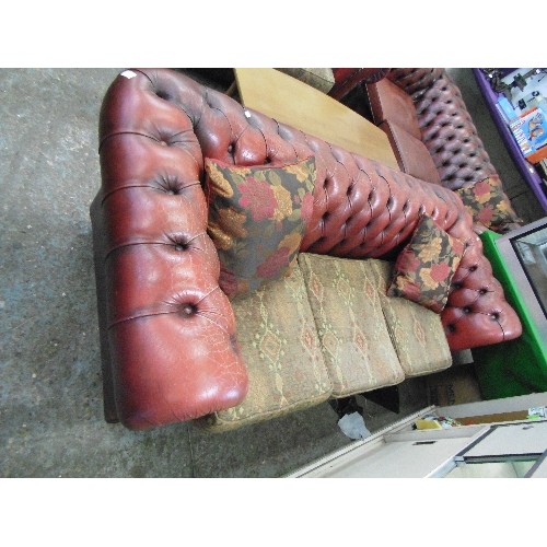 291 - VINTAGE OX-BLOOD LEATHER CHSTERFIELD STYLE SOFA WITH LOW BUTTON BACK, & BRASS STUD DETAIL. 2 SEATER ... 