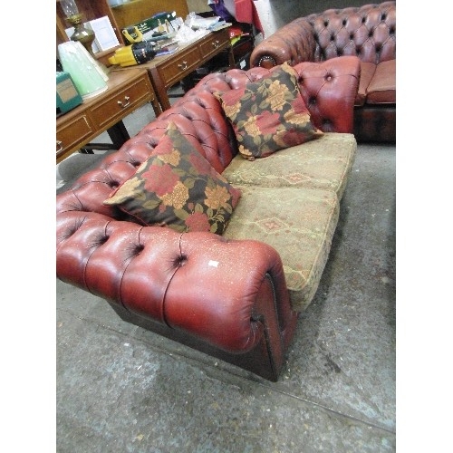 291 - VINTAGE OX-BLOOD LEATHER CHSTERFIELD STYLE SOFA WITH LOW BUTTON BACK, & BRASS STUD DETAIL. 2 SEATER ... 