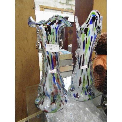 304 - 2 TALL END OF DAYS MURANO HARLEQUIN GLASS VASES. 2 HANDLED & WITH FRILL EDGES.