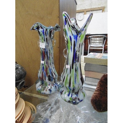 304 - 2 TALL END OF DAYS MURANO HARLEQUIN GLASS VASES. 2 HANDLED & WITH FRILL EDGES.