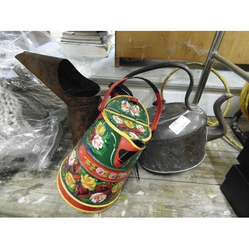 311 - DECORATED BARGE-WARE JUG WITH LID, COPPER KETTLE, AND A VINTAGE OIL CAN.