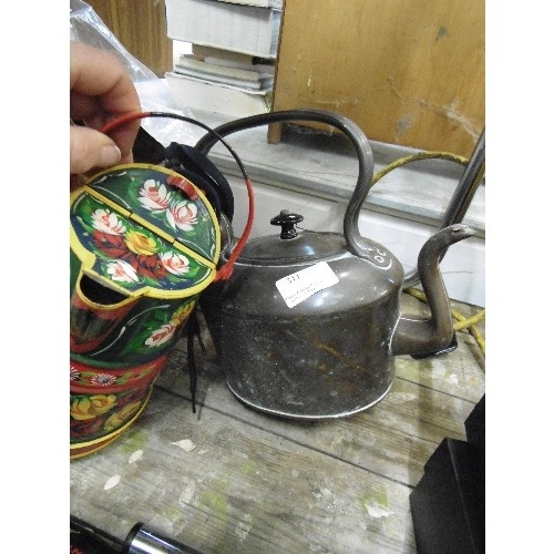 311 - DECORATED BARGE-WARE JUG WITH LID, COPPER KETTLE, AND A VINTAGE OIL CAN.