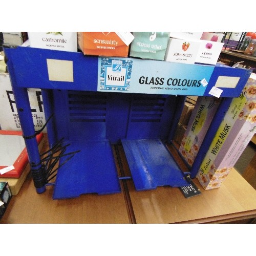 233 - BLUE METAL DISPLAY UNIT FOR VITRAIL STAINED GLASS COLOURS. [TRANSPARENT SOLVENT BASED PAINTS FOR SUR... 