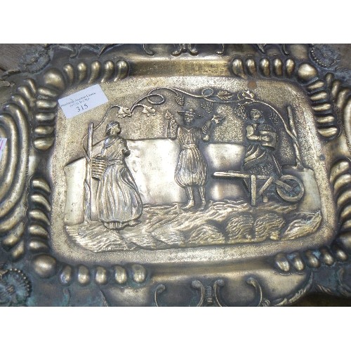 315 - HEAVY VINTAGE BRASS LETTER TRAY. HEAVILY EMBOSSED WITH GRAPE HARVEST SCENE.