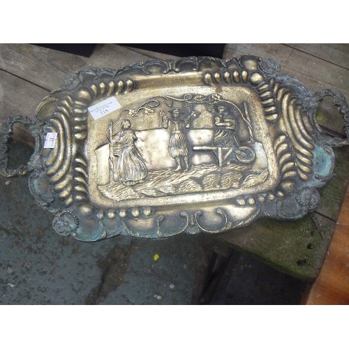 315 - HEAVY VINTAGE BRASS LETTER TRAY. HEAVILY EMBOSSED WITH GRAPE HARVEST SCENE.