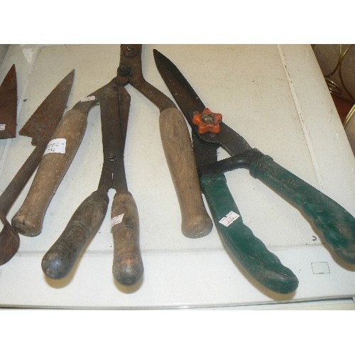 342 - 3 PAIRS OF SHEARS, AND A SET OF HEDGE CLIPPERS.