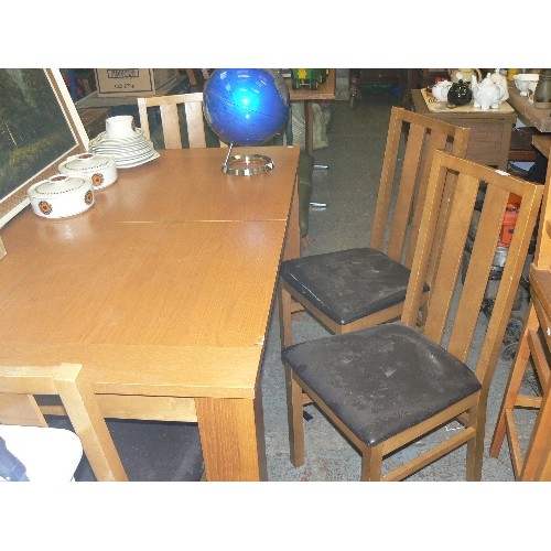 413 - LARGE EXTENDING TABLE WITH CONTEMPORARY SQUARE LEGS. ALSO 4 X CHAIRS WITH DARK BROWN FAUX LEATHER SE... 