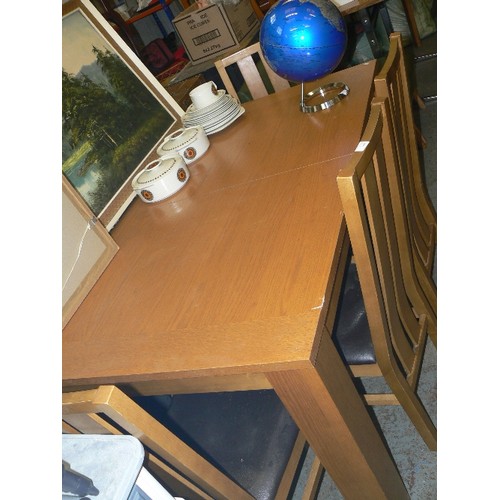 413 - LARGE EXTENDING TABLE WITH CONTEMPORARY SQUARE LEGS. ALSO 4 X CHAIRS WITH DARK BROWN FAUX LEATHER SE... 