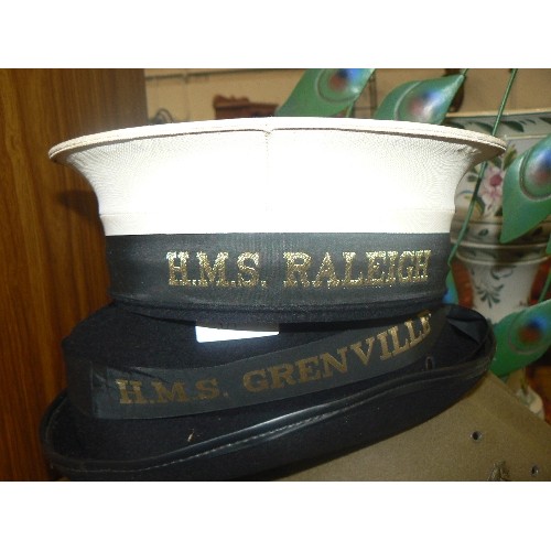 371 - 4 X HATS. INCLUDES A NAVAL CAP, FELT FEDORAS, SMALL FELT HAT, AND A BAG FULL OF BLACK RIBBON WITH GO... 