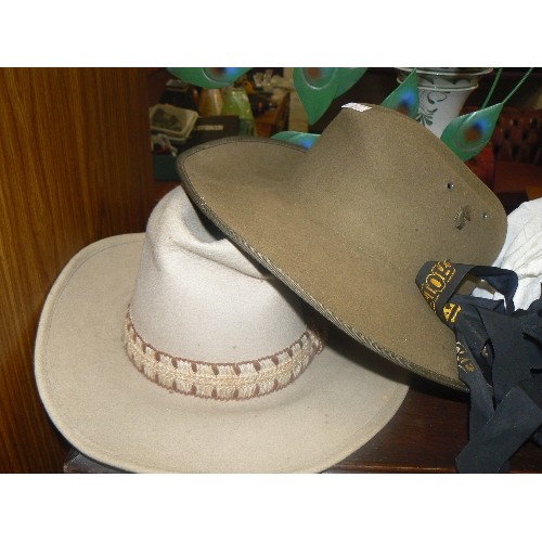 371 - 4 X HATS. INCLUDES A NAVAL CAP, FELT FEDORAS, SMALL FELT HAT, AND A BAG FULL OF BLACK RIBBON WITH GO... 