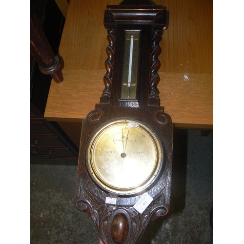 411 - CARVED OAK BAROMETER WITH BARLEY TWIST DETAIL