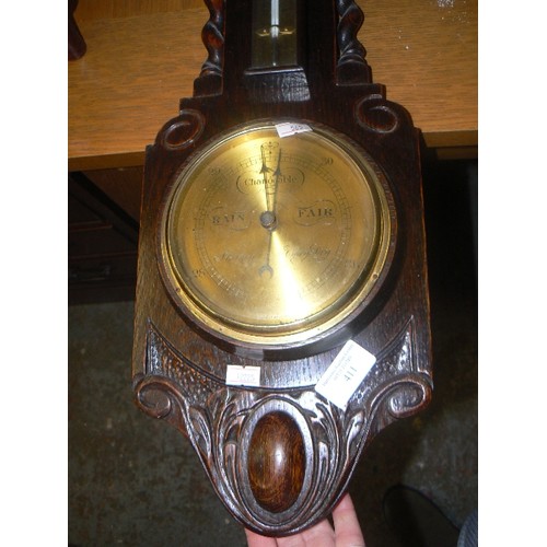 411 - CARVED OAK BAROMETER WITH BARLEY TWIST DETAIL