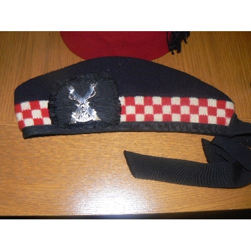 412 - EGYPTIAN FEZ IN RED AND A RED AND WHITE DICED GELNGARRY HAT WITH CAP BADGE