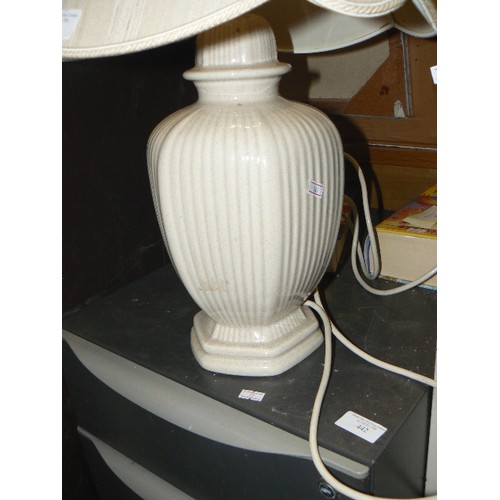 505 - LARGE CREAM CERAMIC TABLE LAMP, WITH TEXTURED SHADE.