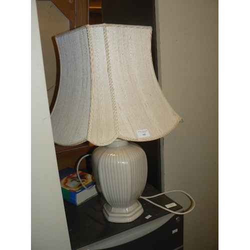 505 - LARGE CREAM CERAMIC TABLE LAMP, WITH TEXTURED SHADE.