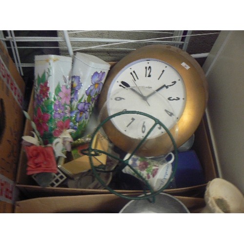 524 - 4 BOXES OF MIXED KITCHENWARE PLATES, SCALES, CLOCKS, ETC