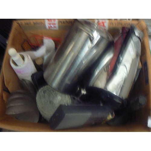 524 - 4 BOXES OF MIXED KITCHENWARE PLATES, SCALES, CLOCKS, ETC